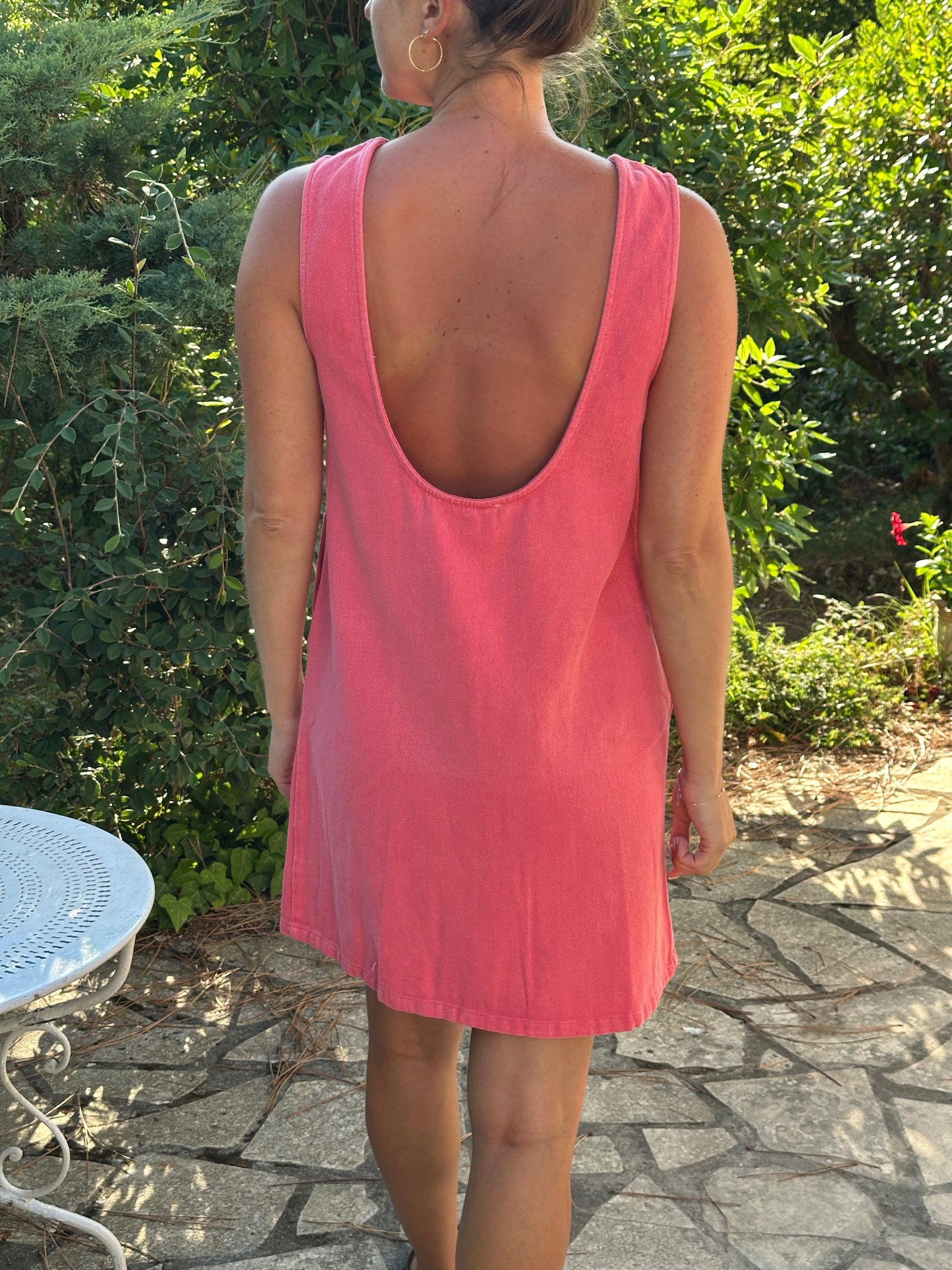 Robe jean dos nu framboise