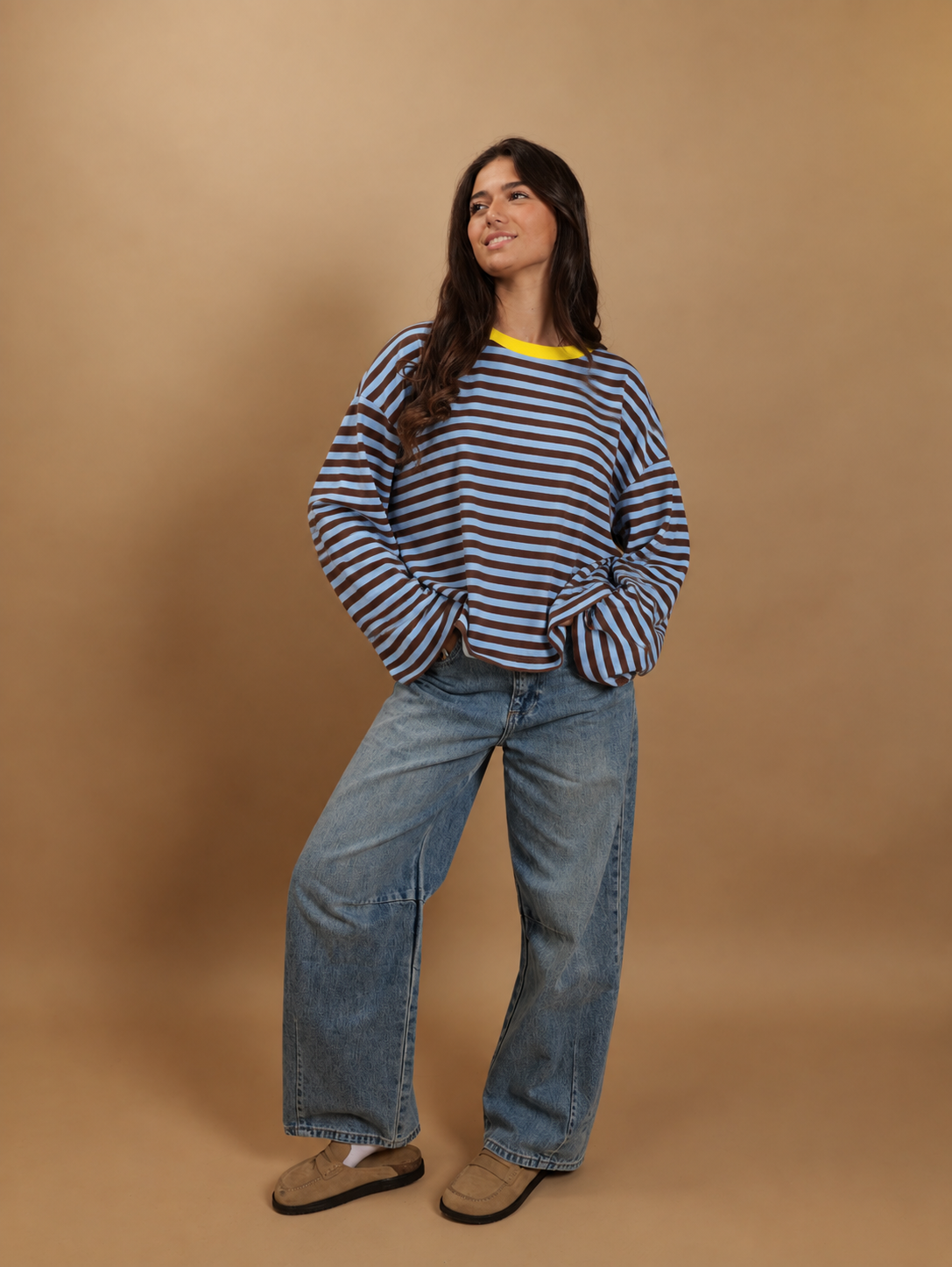 Top Gigi bleu ciel et marron col jaune